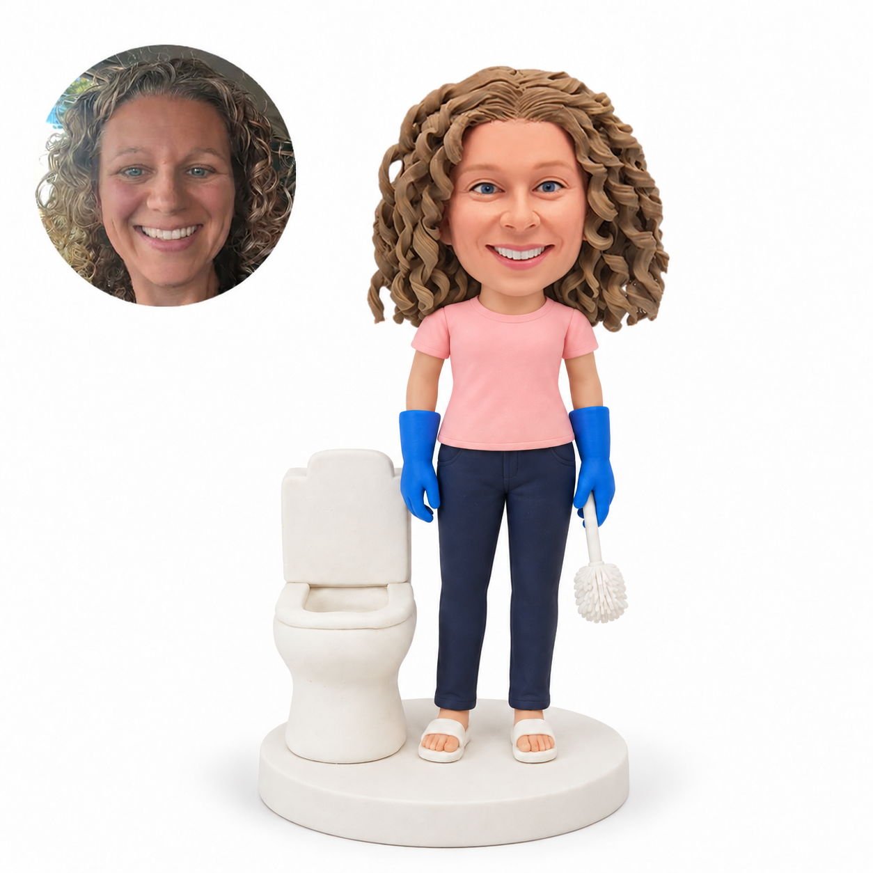 custom bobblehead figure female cleaner wearing gloves beside a toilet