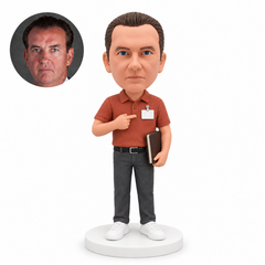 custom bobblehead figure male employee with a name badge and notebook