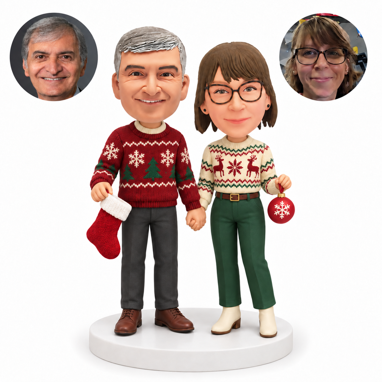 custom bobbleheads figures Christmas couple in sweaters holding a stocking and ornament