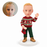 custom bobblehead figure boy waving and holding a Christmas stocking