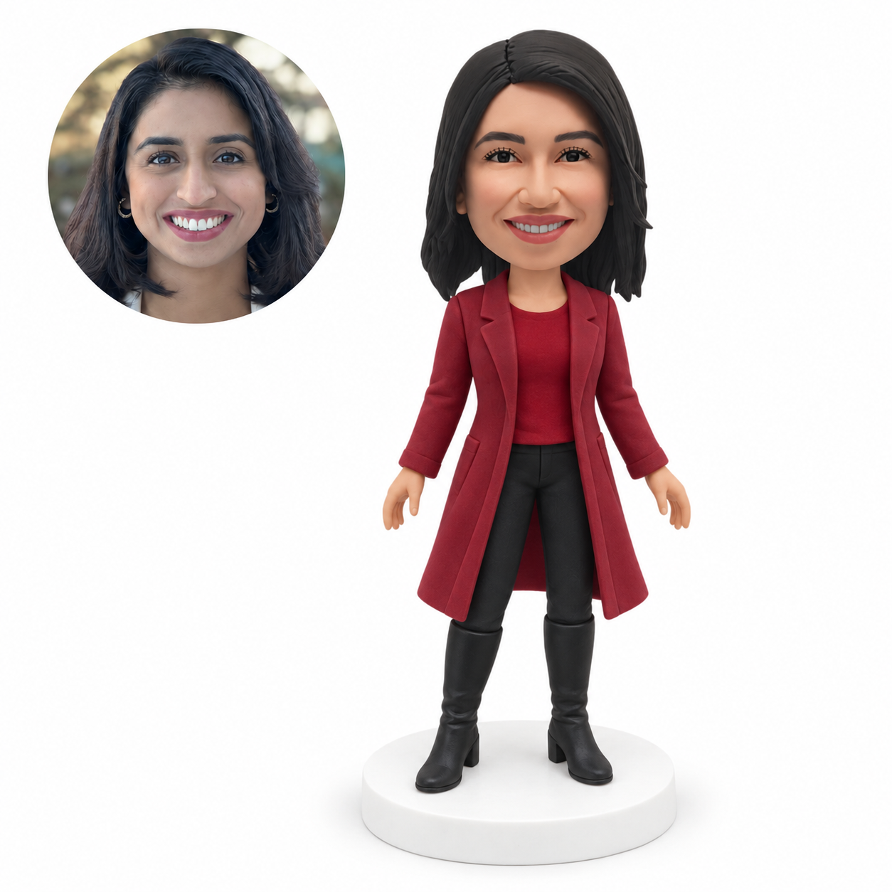 custom bobblehead figure woman in a burgundy long coat with open hands