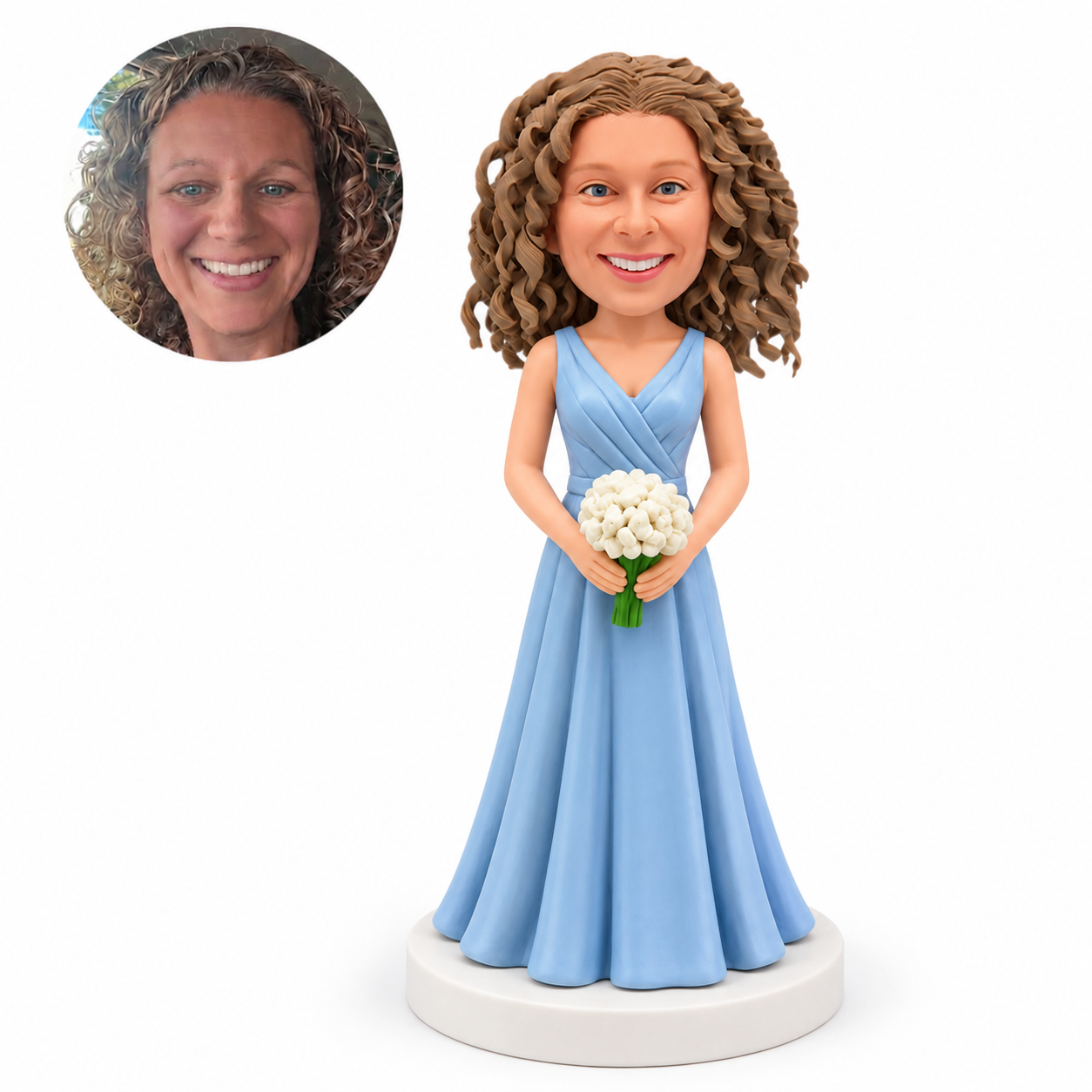 custom bobblehead figure bridesmaid in a light blue wrap gown holding flowers