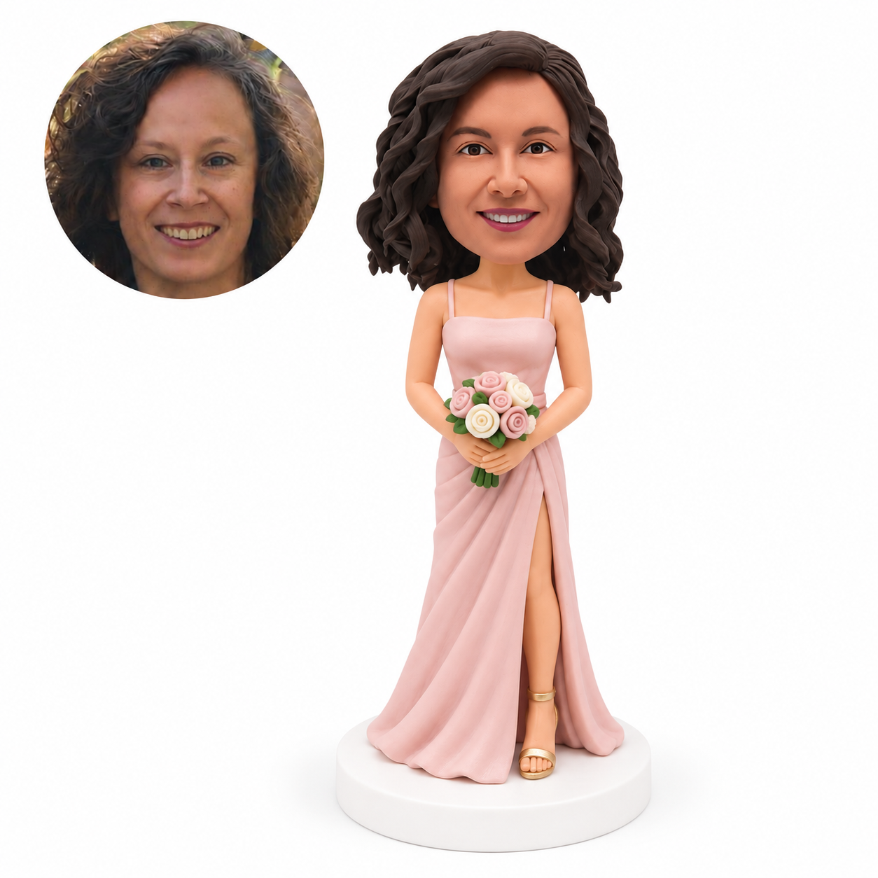 custom bobblehead figure bridesmaid in a blush slit gown holding roses