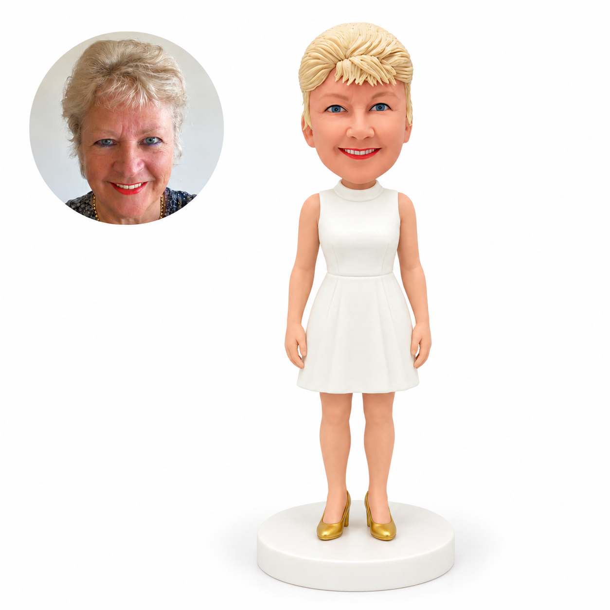 custom bobblehead figure bridesmaid in a white short dress with gold heels