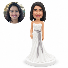 custom bobblehead figure bridesmaid in a draped white gown with a silver sash