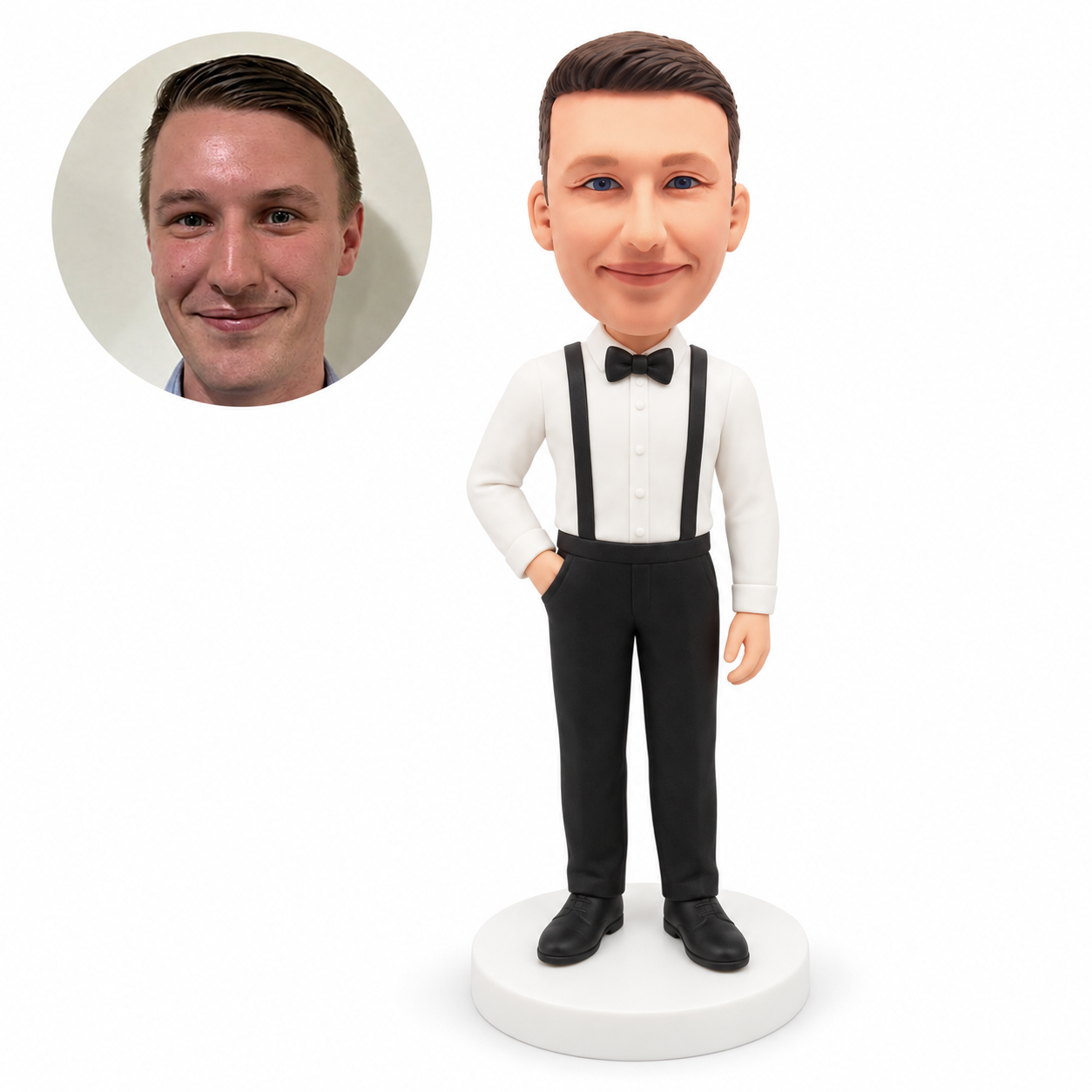 custom bobblehead figure groomsman in suspenders with one hand in a pocket