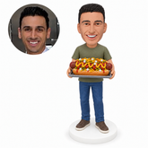 custom bobblehead figure man carrying a large hot dog on a tray