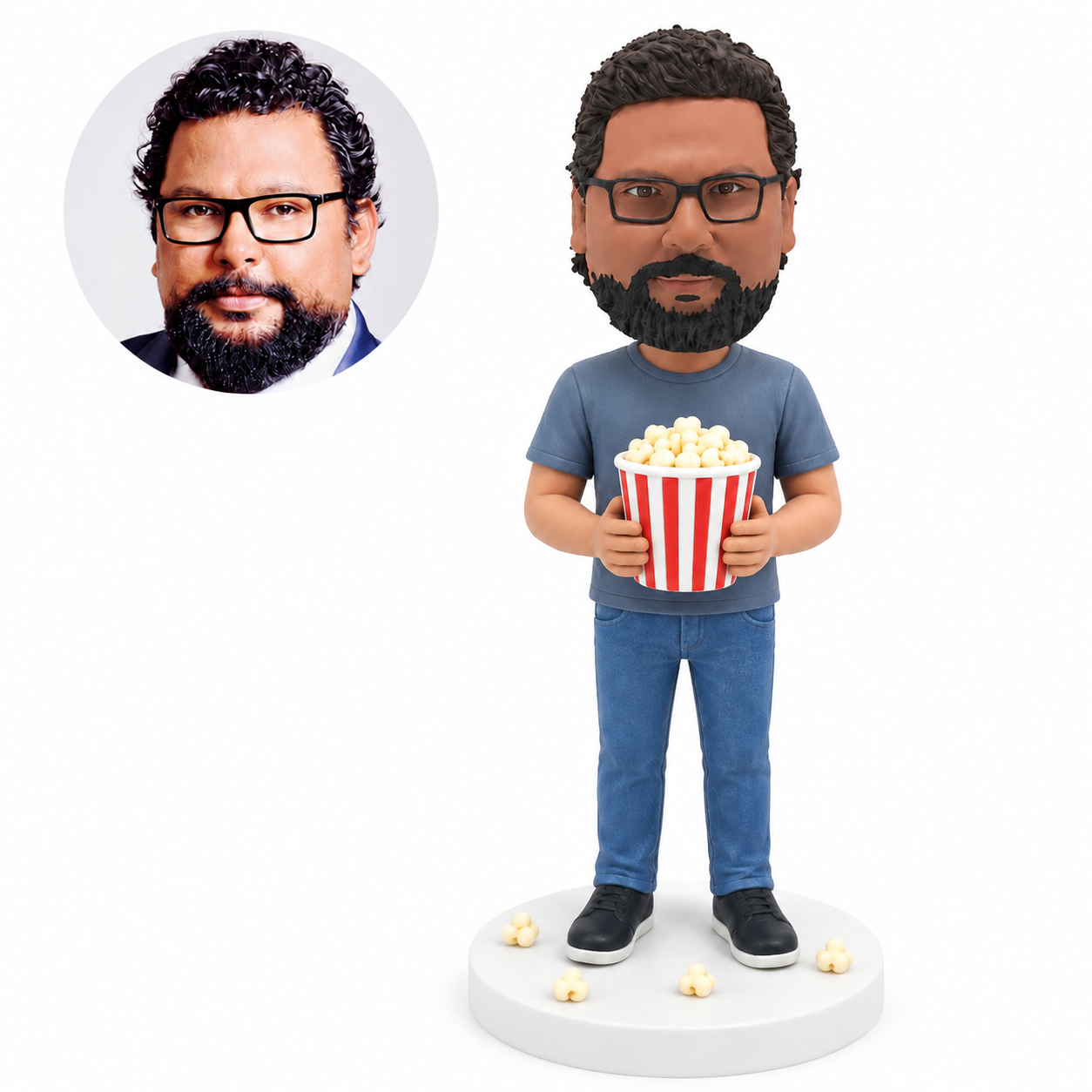 custom bobblehead figure man holding a popcorn bucket