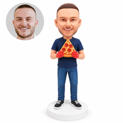 custom bobblehead figure man holding a large pizza slice