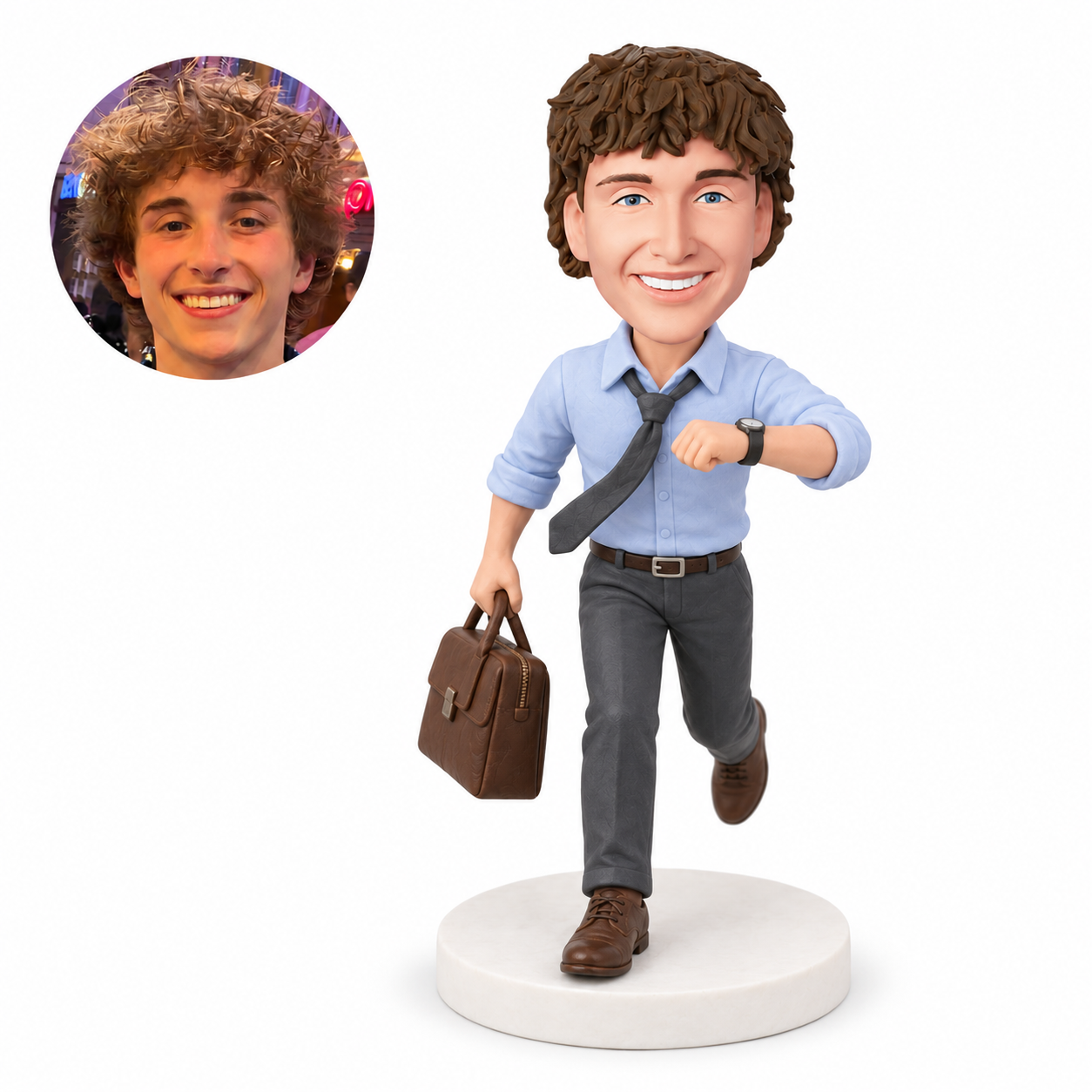 custom bobblehead figure man running with a briefcase and checking his watch