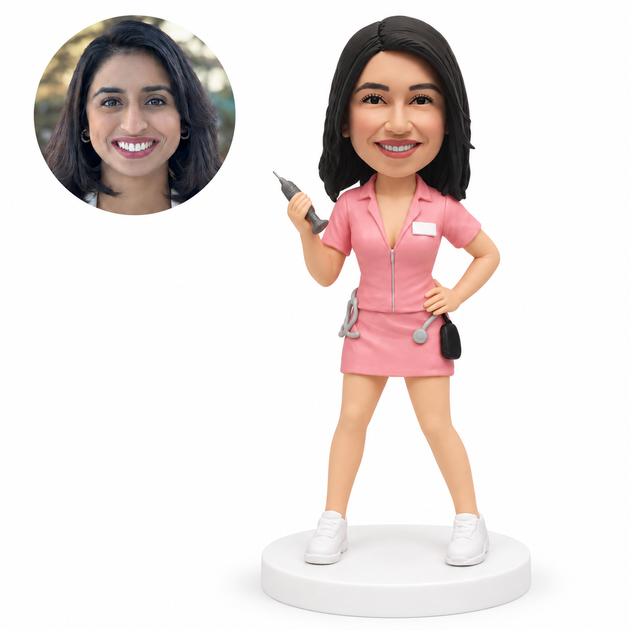 custom bobblehead figure nurse holding a medical instrument