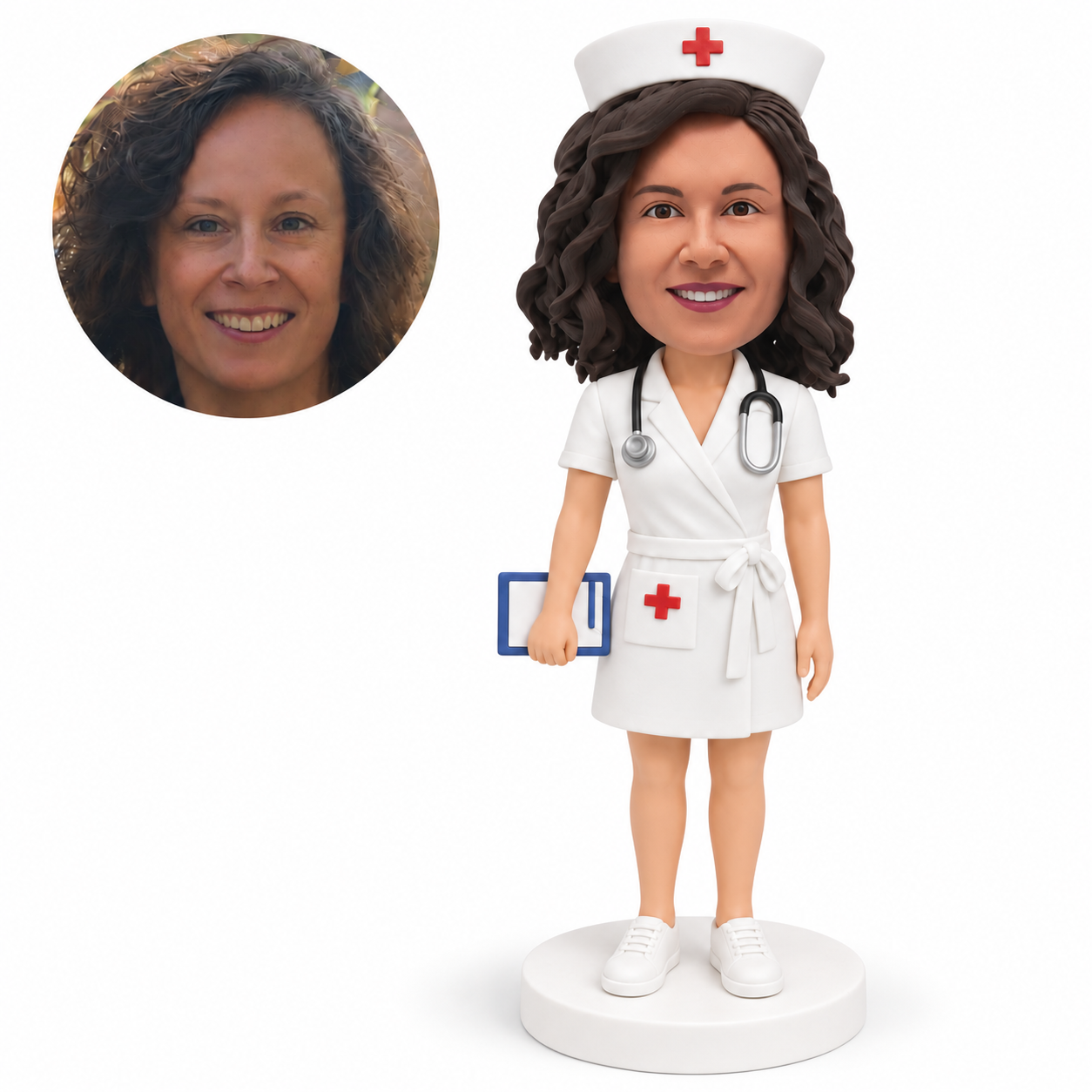 custom bobblehead figure nurse in a wrap dress holding a clipboard