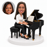 custom bobblehead figure woman in a shirt and trousers playing a grand piano