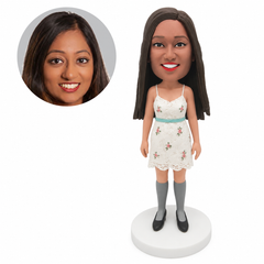 custom bobblehead figure woman in a lace dress and knee-high socks