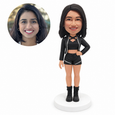 custom bobblehead figure woman in a cropped jacket and shorts