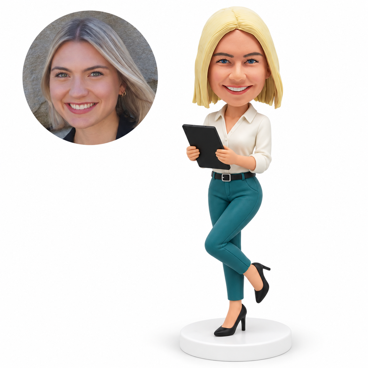 custom bobblehead figure businesswoman holding a tablet with one leg raised