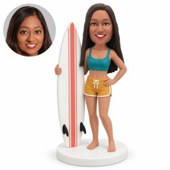 custom bobblehead figure female surfer in a cropped tank top and shorts with one hand on her hip