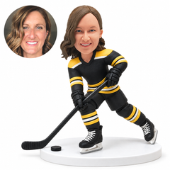 custom bobblehead figure female ice hockey player in a skating lunge with a stick and puck