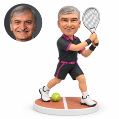 custom bobblehead figure male tennis player holding a racket high with both hands in a stepping stance