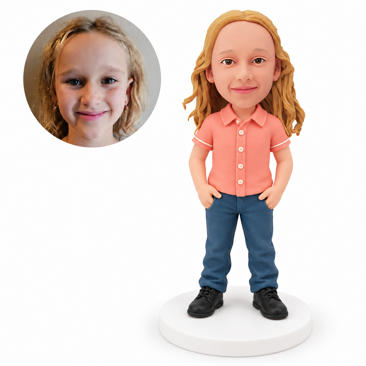 custom bobblehead figure girl in a short-sleeve button shirt and jeans with hands at her hips