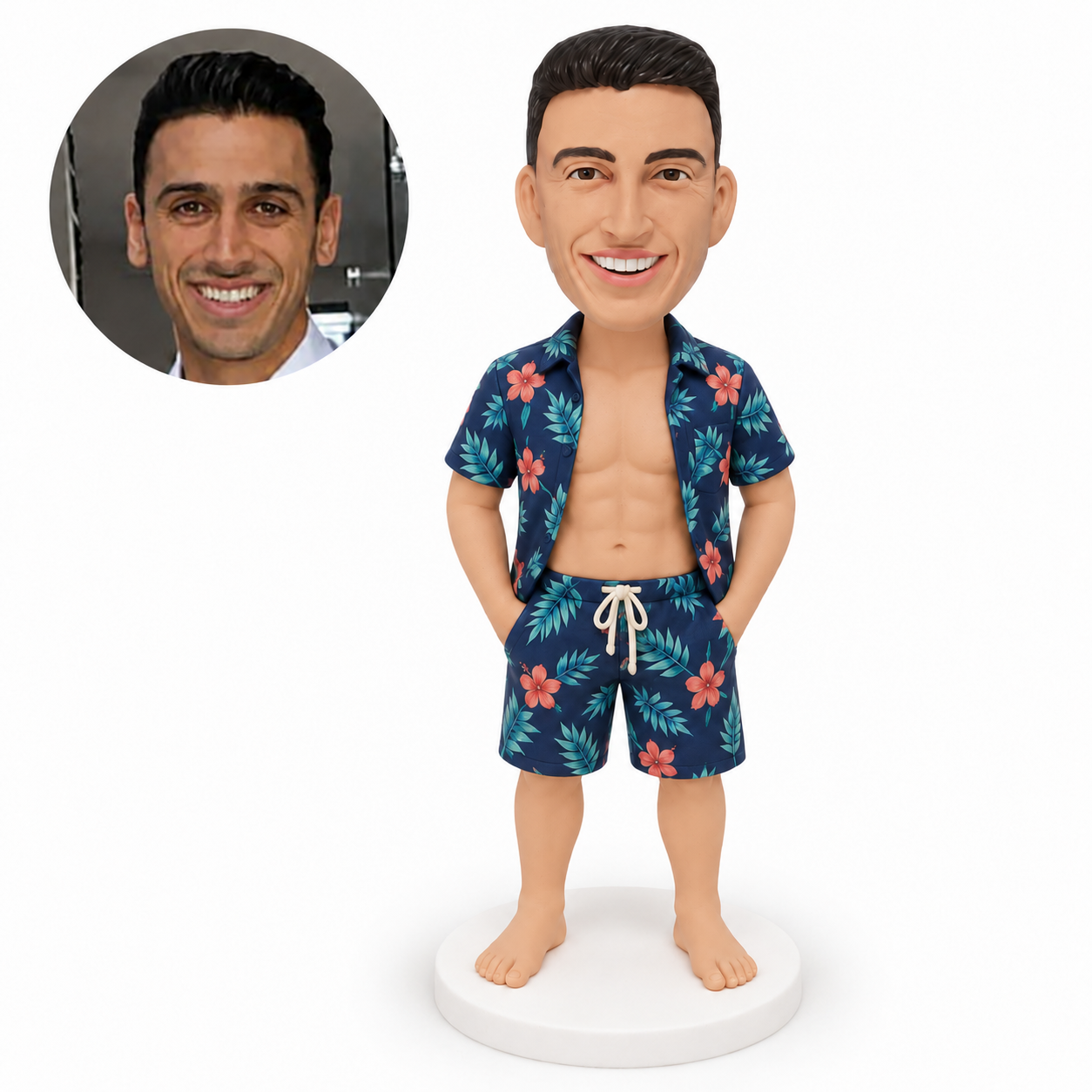 custom bobblehead figure man in an open hawaiian shirt and matching beach shorts with both hands in pockets