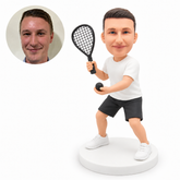 custom bobblehead figure male racquetball player crouching with a racket and a ball in separate hands