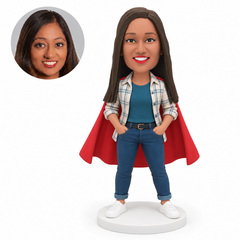 custom bobblehead figure woman in an open plaid shirt and cape with both hands in her jeans pockets