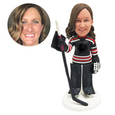 personalized bobblehead figure female hockey goalie holding her hockey stick