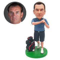 custom bobblehead figure male golfer with a golf bag holding a golf club on shoulder