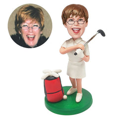 personalized bobble head figure female golfer holding a golf club with a golf-bag