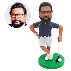 personalized bobble head figure male golfer holding a golf club with one hand on hip