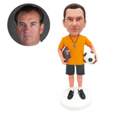 customised bobblehead sport fan figure soccer coach holding a football and a notebook