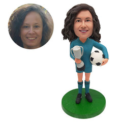 personalised bobblehead figure female soccer player with a trophy