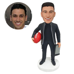customised bobblehead sport fan figure male football coach holding a football and a notepad