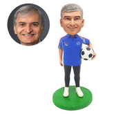 customized bobblehead figure male soccer coach holding a ball