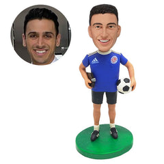 personalized bobble head figure soccer coach holding a ball and a notebook