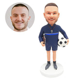 personalized bobblehead figure male soccer coach holding a football and a notebook
