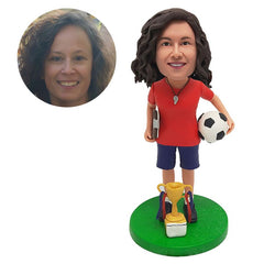 personalised bobblehead figure female soccer coach with a trophy holding a soccer and a notebook