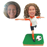 personalised bobblehead figure female soccer player kicking a ball