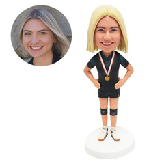 personalized bobble head figure female player champion with a medal