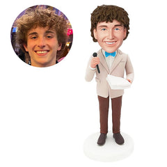 personalised bobblehead wedding marriage celebrant holding a mic and white paper