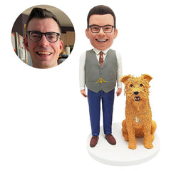 customised bobble head figure business man with a pet