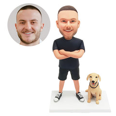 custom made bobblehead figure man with crossed arms on chest with a pet