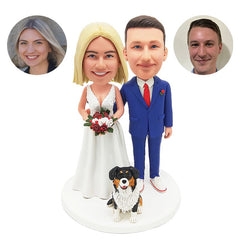 personalized bobbleheads figures wedding couple holding flowers with a pet