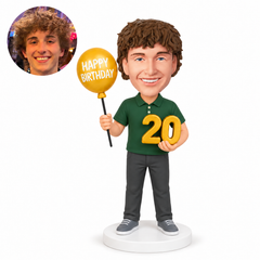 custom bobblehead figure man holding a number 20 and a birthday balloon