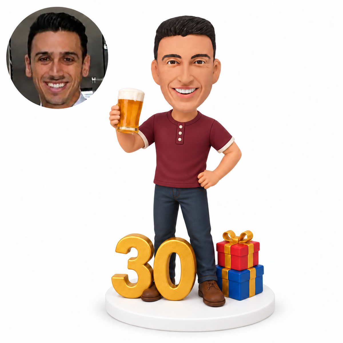 custom bobblehead figure man raising a beer mug beside a number 30 and gifts