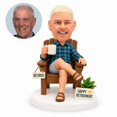 custom bobblehead figure retired man in a plaid shirt seated in an armchair with a mug and signs