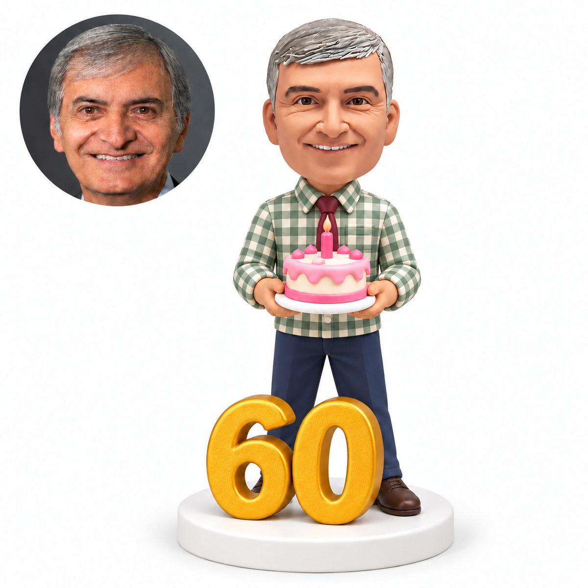 custom bobblehead figure man holding a birthday cake beside a large number 60
