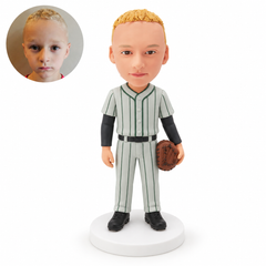 custom bobblehead figure boy baseball player holding a glove at his side with his other arm lowered