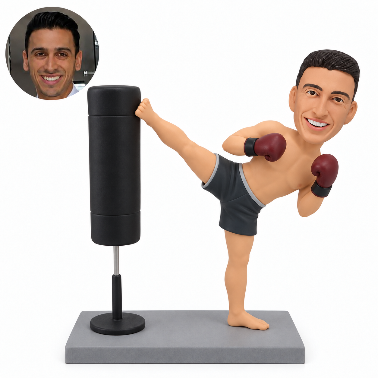 custom bobblehead figure male kickboxer making a high side kick against a freestanding training bag